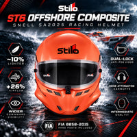 Thumbnail for Stilo ST6 Offshore Composite SA2025 racing helmet in bright orange, featuring offshore powerboat racing background, lightweight composite shell, improved airflow, wider downward visibility, dual-lock anti-fog visor, noise-attenuating earmuffs, and HANS anchors.
