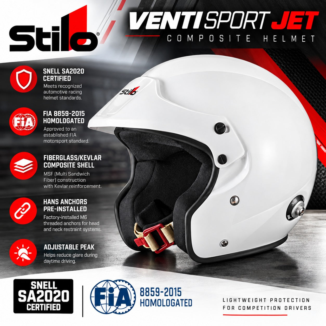 Stilo Venti Sport Jet SA2020 Open-Face Racing Helmet in White – Features Infographic Showing FIA 8859-2015 Certification, Composite Shell, HANS Anchors, Adjustable Peak, and Ventilation.