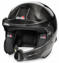 Thumbnail for Stilo Venti WRC Carbon Fiber Racing Helmet shown from a left three-quarter angle with carbon shell, rally peak, integrated padding and HANS posts