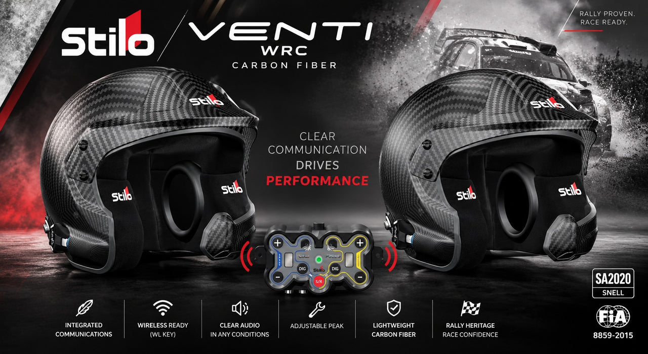 Stilo Venti WRC carbon fiber racing helmets shown from the front on a dark promotional graphic with a race car, product text, and feature icons.