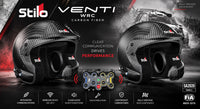 Thumbnail for Stilo Venti WRC carbon fiber racing helmets shown from the front on a dark promotional graphic with a race car, product text, and feature icons.