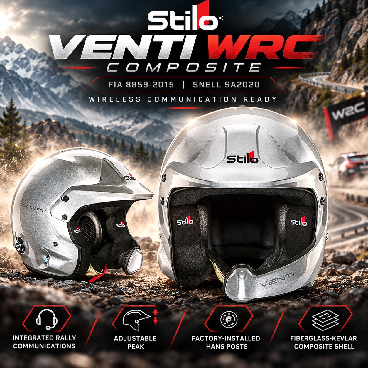Stilo Venti WRC Composite rally helmet hero image featuring front and side views, FIA 8859-2015 and Snell SA2020 certifications, integrated rally communications, adjustable peak, factory-installed HANS posts, and fiberglass-Kevlar composite shell.