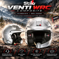 Thumbnail for Stilo Venti WRC Composite rally helmet hero image featuring front and side views, FIA 8859-2015 and Snell SA2020 certifications, integrated rally communications, adjustable peak, factory-installed HANS posts, and fiberglass-Kevlar composite shell.