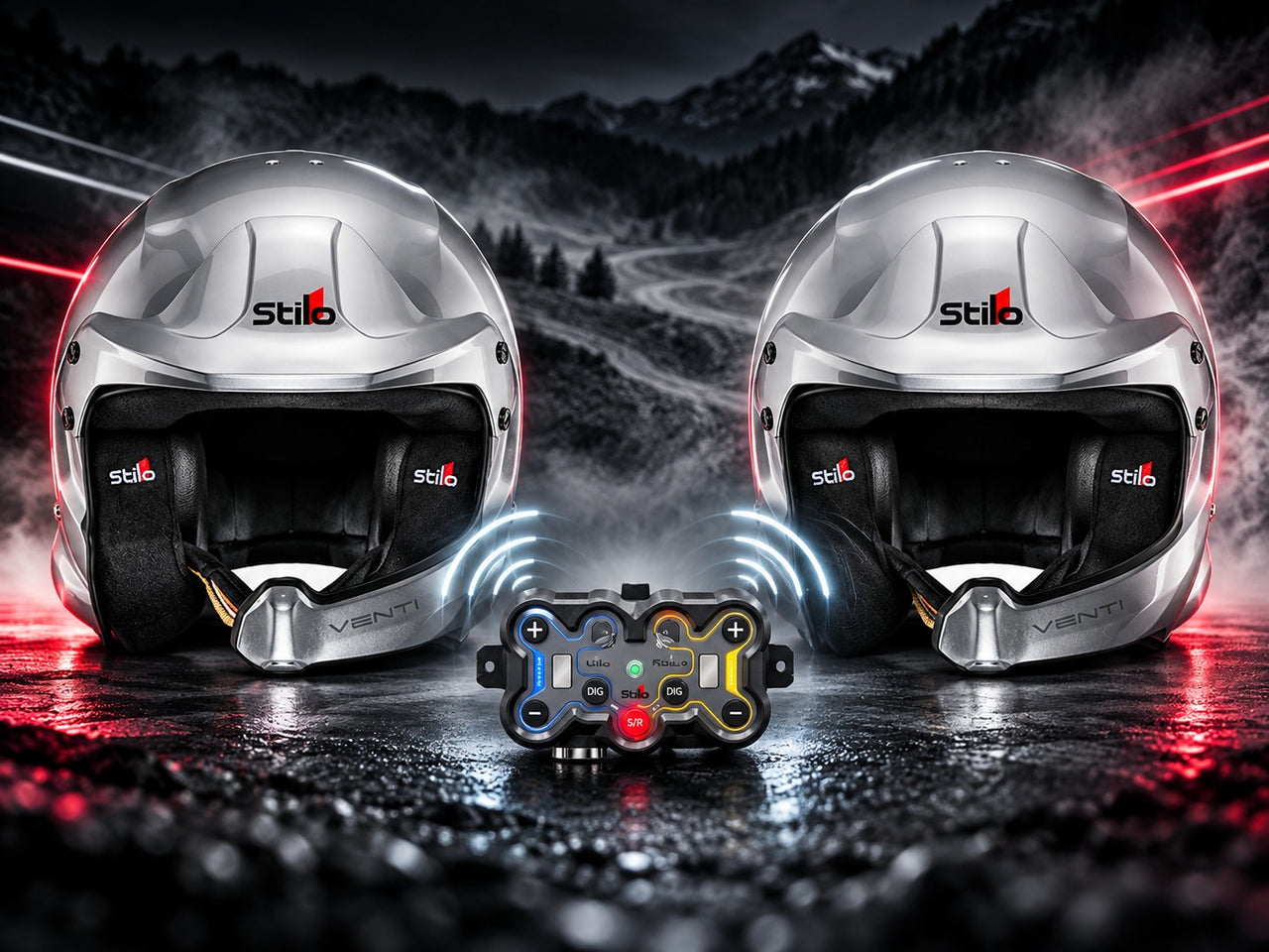Stilo Venti WRC Composite rally helmets featuring wireless driver-to-co-driver communication, integrated speakers, noise-canceling microphones, and a Stilo wireless intercom amplifier against a dramatic rally racing background.