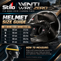 Thumbnail for Stilo Venti WRC ZERO FIA 8860-2018 Carbon Fiber Racing Helmet Sizing Chart Featuring XS to XL Sizes, Head Circumference in Centimeters and Inches, and Head Measuring Instruction