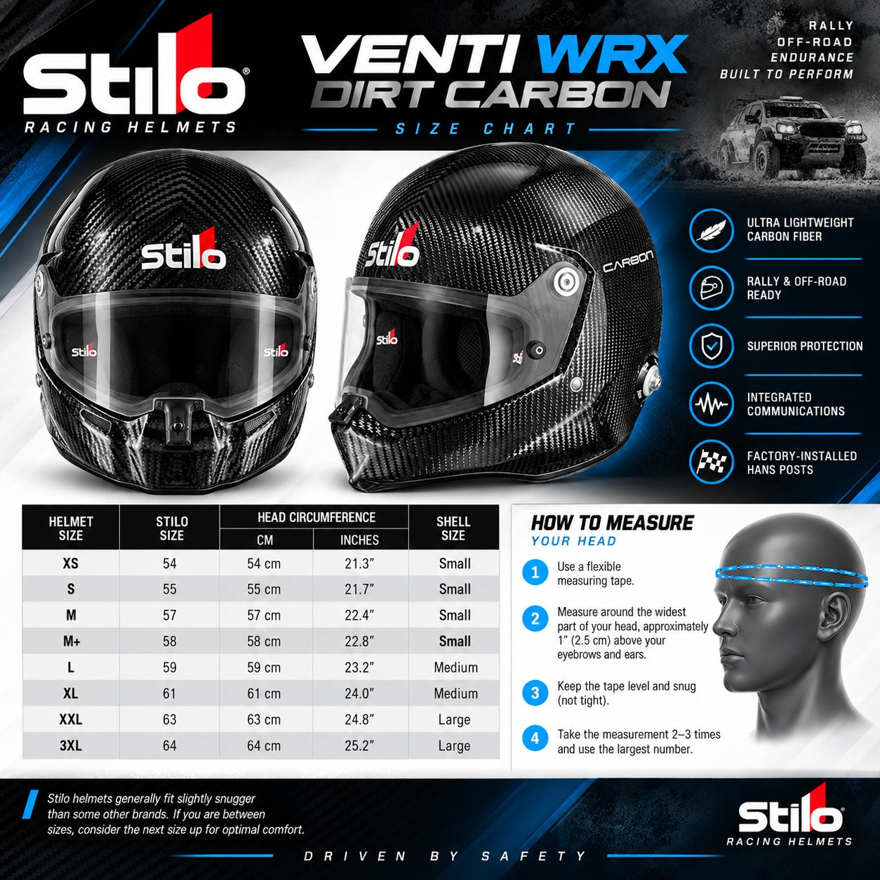 Stilo VENTI WRX Dirt Carbon helmet sizing chart with head circumference measurements, shell sizes, measuring instructions and carbon fiber helmet image