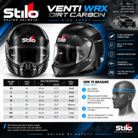 Thumbnail for Stilo VENTI WRX Dirt Carbon helmet sizing chart with head circumference measurements, shell sizes, measuring instructions and carbon fiber helmet image