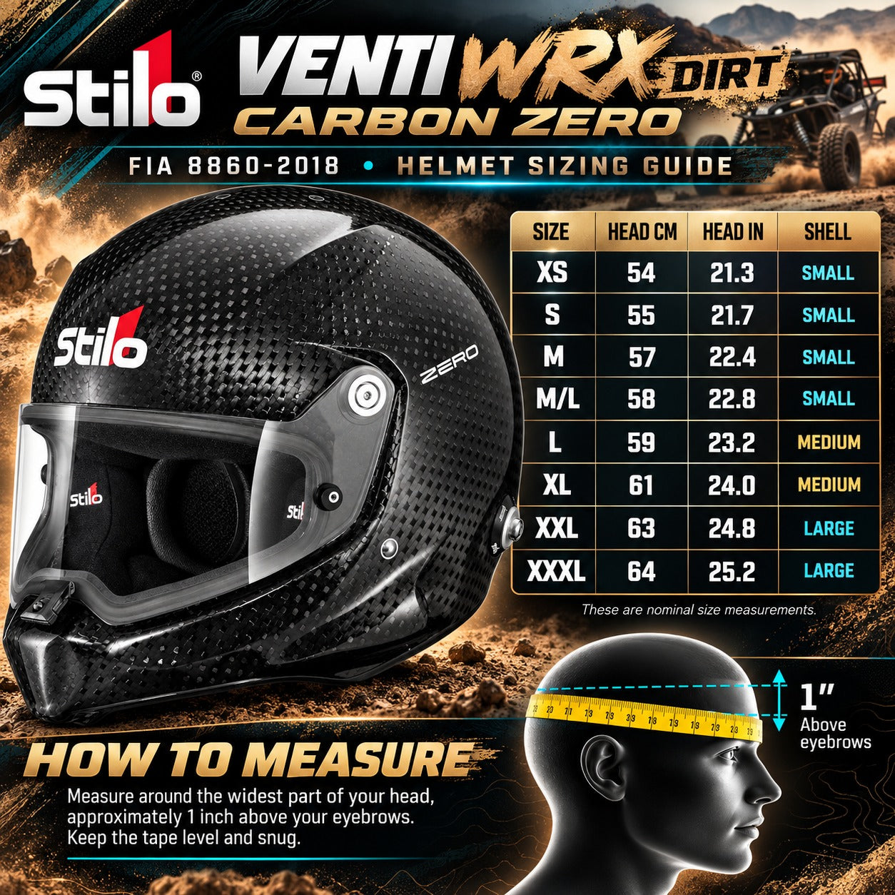 Stilo VENTI WRX Dirt Carbon Zero FIA 8860-2018 Racing Helmet Sizing Chart Featuring XS to XXXL Sizes, Head Circumference in Centimeters and Inches, Shell Sizes, and Measuring Instructi