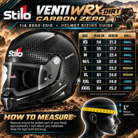 Thumbnail for Stilo VENTI WRX Dirt Carbon Zero FIA 8860-2018 Racing Helmet Sizing Chart Featuring XS to XXXL Sizes, Head Circumference in Centimeters and Inches, Shell Sizes, and Measuring Instructi