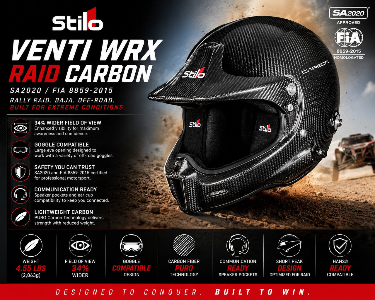 Stilo Venti WRX Raid Carbon racing helmet hero image highlighting wide field of view, goggle compatibility, lightweight carbon construction, communication readiness, and HANS compatibility
