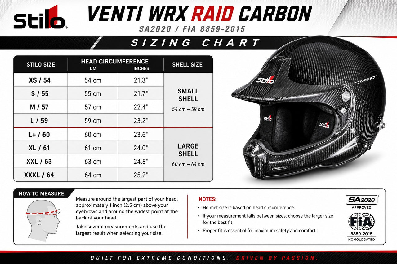 Stilo Venti WRX Raid Carbon racing helmet sizing chart with Stilo sizes, head circumference measurements, shell sizes, and measuring guide