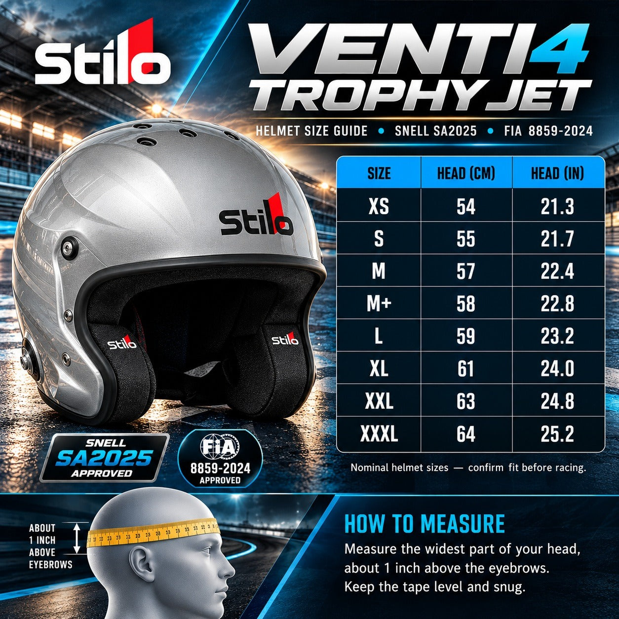 Stilo Venti4 Trophy Jet Titanium Open-Face Racing Helmet Sizing Chart with Snell SA2025 and FIA 8859-2024 Certification, No HANS Configuration, XS to XL Sizes, and Head Circumference Measurements in Centimeters and Inches.
