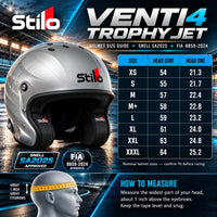 Thumbnail for Stilo Venti4 Trophy Jet Titanium Open-Face Racing Helmet Sizing Chart with Snell SA2025 and FIA 8859-2024 Certification, No HANS Configuration, XS to XL Sizes, and Head Circumference Measurements in Centimeters and Inches.