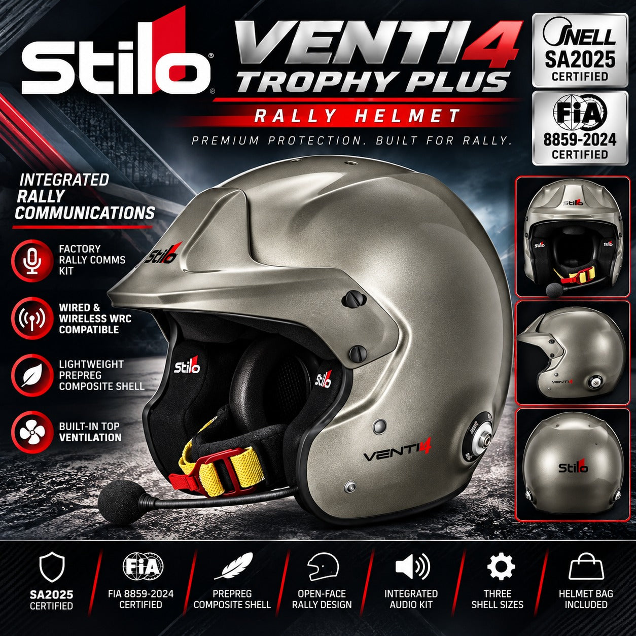 Stilo Venti4 Trophy Plus Titanium rally helmet hero image featuring Snell SA2025 and FIA 8859-2024 certifications, metallic titanium prepreg composite shell, integrated rally communications, wired and wireless WRC compatibility, built-in ventilation, adjustable peak, and open-face design.