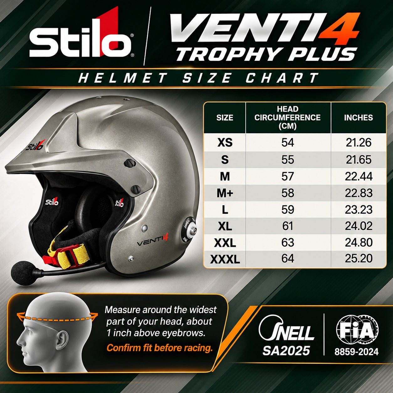 Stilo Venti4 Trophy Plus Titanium SA2025 rally helmet sizing chart featuring the metallic titanium open-face helmet, sizes XS through XXXL, head circumference measurements from 54 to 64 cm with inch conversions, head measuring instructions, and FIA 8859-2024 certification.