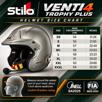 Thumbnail for Stilo Venti4 Trophy Plus Titanium SA2025 rally helmet sizing chart featuring the metallic titanium open-face helmet, sizes XS through XXXL, head circumference measurements from 54 to 64 cm with inch conversions, head measuring instructions, and FIA 8859-2024 certification.