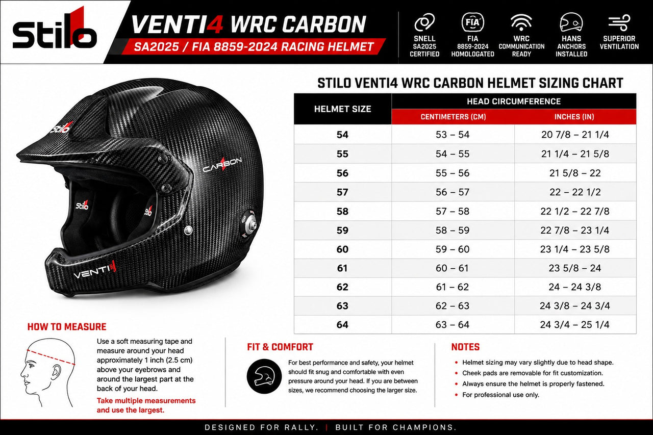Stilo Venti4 WRC Carbon Fiber SA2025 racing helmet sizing chart with head circumference measurements in centimeters and inches