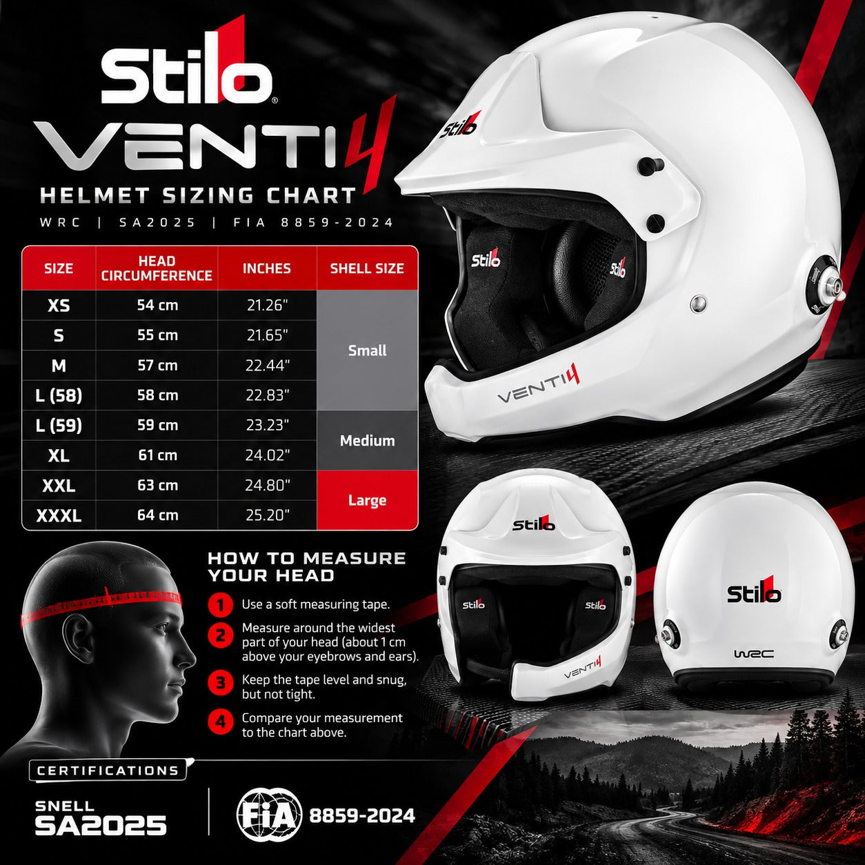 Stilo Venti4 WRC Composite White rally helmet sizing chart showing helmet sizes XS to XXXL, head circumference in centimeters and inches, shell sizes, measuring instructions, and Snell SA2025 and FIA 8859-2024 certification