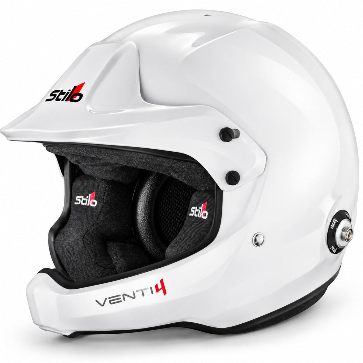 Stilo Venti4 WRC Composite White Rally Helmet shown in three-quarter front view, featuring a gloss white composite shell, adjustable peak, black interior padding, and HANS anchors. Snell SA2025 and FIA 8859-2024 certified.