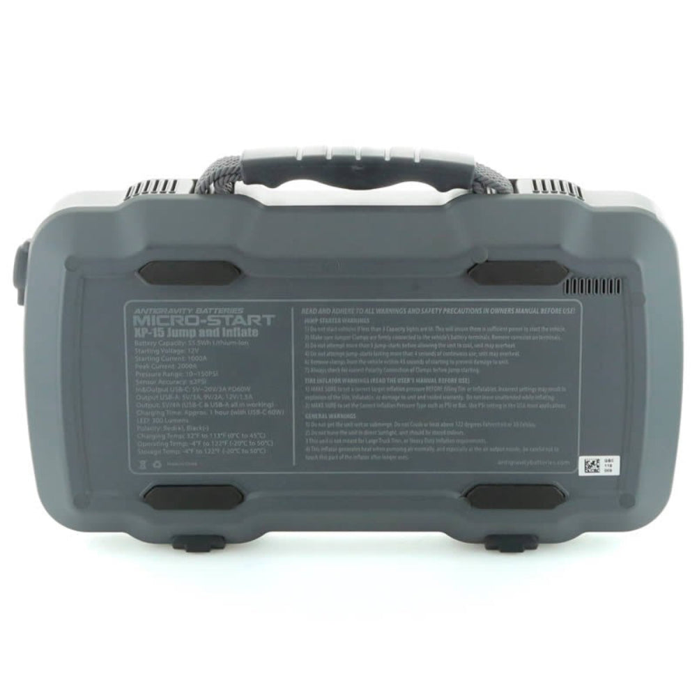 XP-15 Micro-Start unit tilted to show the built-in handle and rugged case design against a white background.