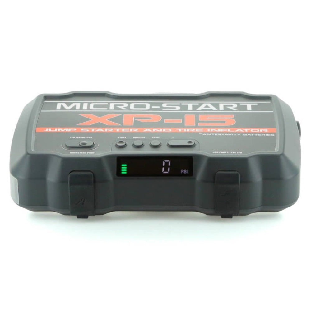 Top-down view of the XP-15 Micro-Start showing the digital display reading “0 PSI” and the inflator cap on a white background.