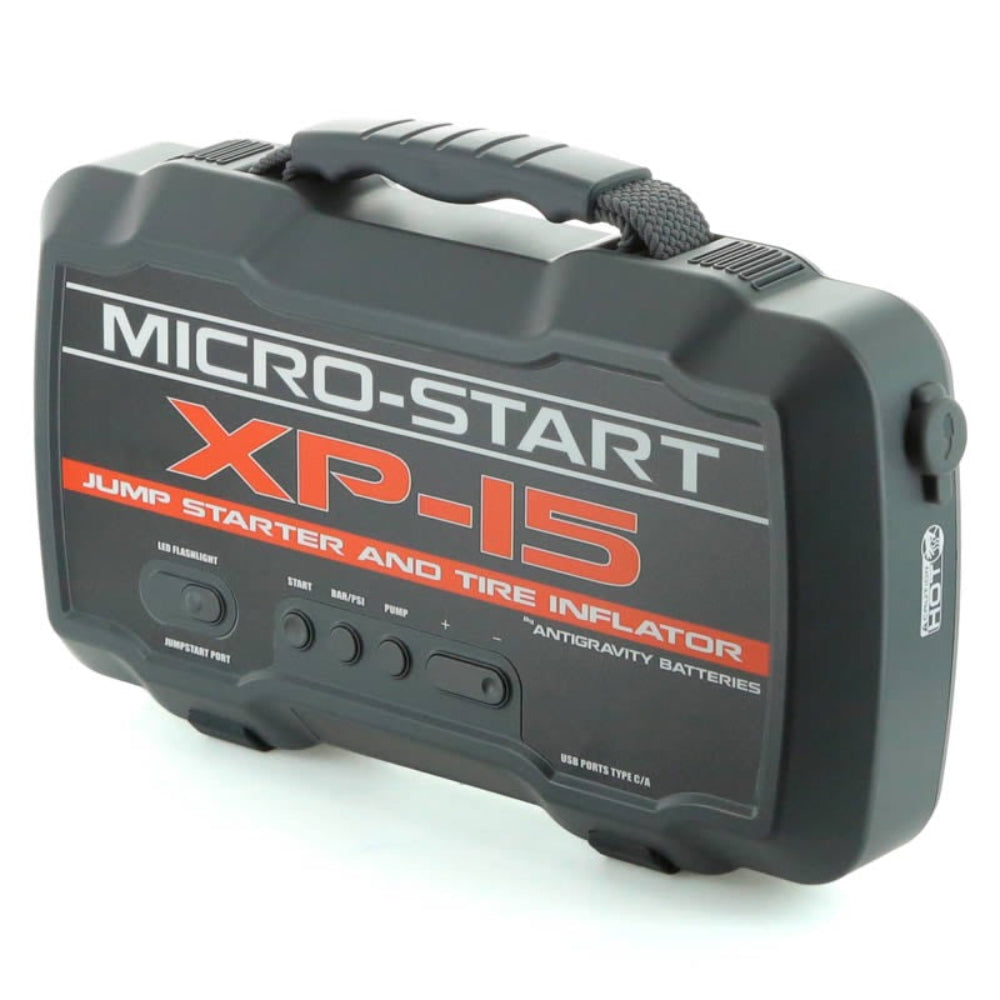 Micro-Start XP-15 jump starter and tire inflator on a white background