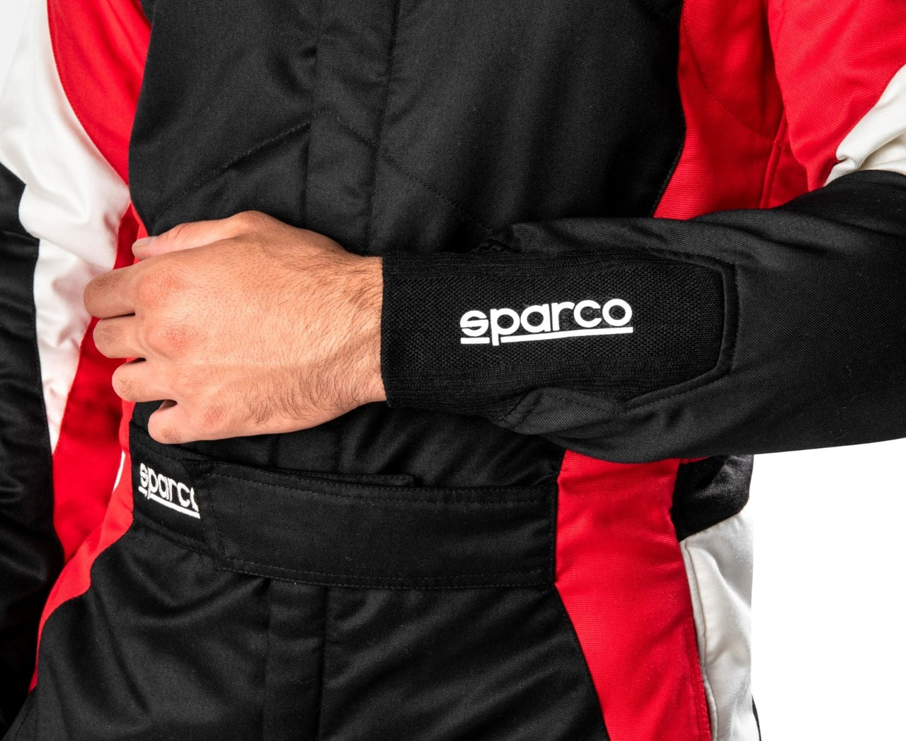 Sparco-Competition-Race-Suit-Black/White-Action-Arm-Image